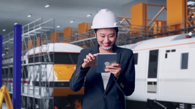 Front View of Asian Businesswoman Use Tablet While Walking at Train Locomotives Maintenance Depot Scaffolding