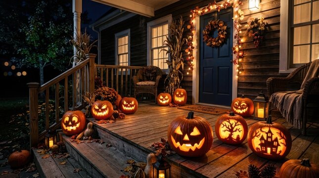 Glowing carved pumpkins decorate a wooden porch during the night