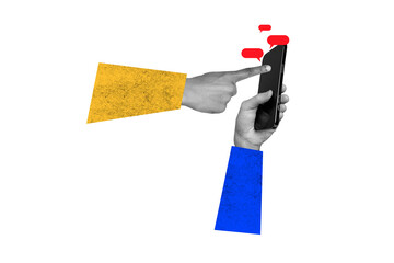 Collage artwork picture of person typing chatting modern technology device isolated on creative...