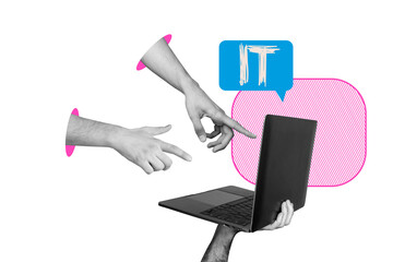 Naklejka premium Creative collage hands body fragments pointing gesture laptop digital device web information technologies work freelance internet job