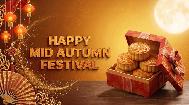 Happy mid autumn festival greetings with mooncakes in gift box and glowing lanterns during harvest celebration.