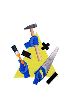 Vertical collage poster human hands gloves uniform protection hold hammer saw paintbrush diy equipment tools masters handymen