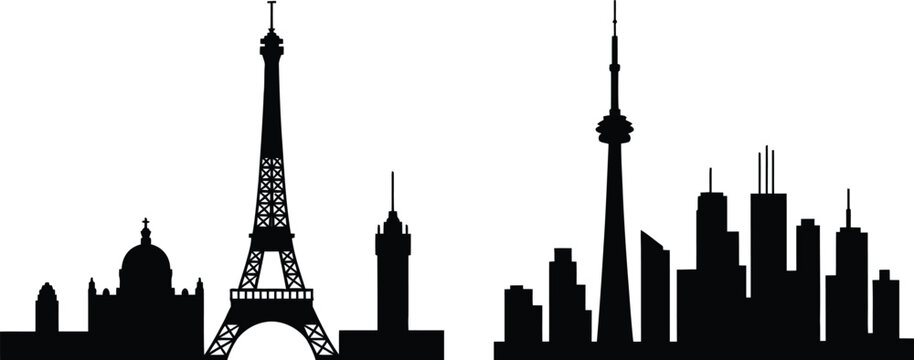Black and white of paris with eiffel tower and skyline silhouette