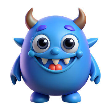 3D cute blue monster character with horns for Halloween isolated on transparent background