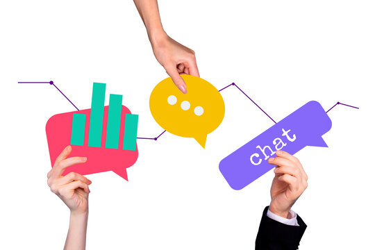 Sketch image trend artwork montage 3D photo collage of hand hold speech cloud trader message network conversation app textbox chat