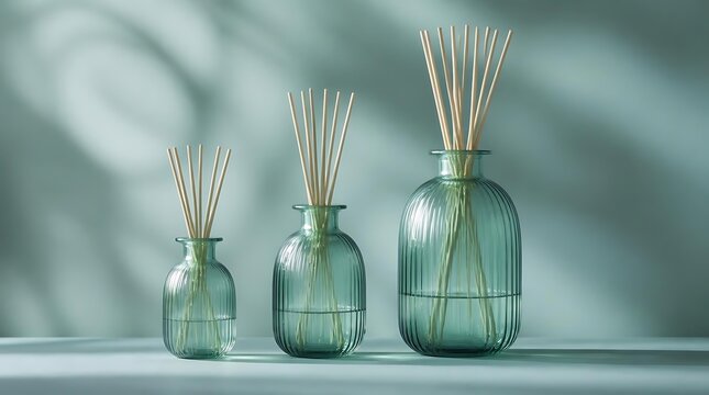 Three glass reed diffusers with sticks arranged in a row on a shelf.