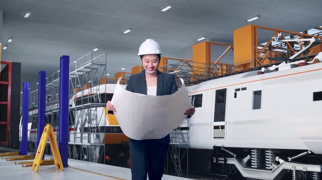 Front View of Asian Businesswoman Looking At Blueprint In Her Hands While Walking at Train Locomotives Maintenance Depot Scaffolding