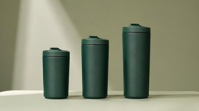 Three dark green reusable travel mugs of varying sizes arranged in a row on a light surface.