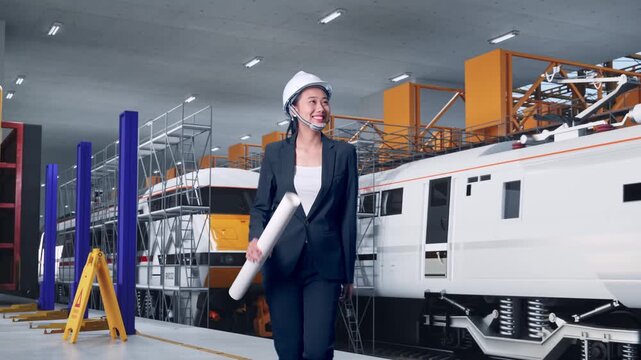 Front View of Asian Businesswoman Holding Blueprint While Walking and Looking Around at Train Locomotives Maintenance Depot Scaffolding