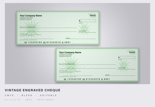 Old-school engraved bank cheque, deep green barleycorn guilloche
