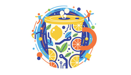 Fototapeta premium Stylized coffee mug decorated with bright citrus orange and lemon slices integrated with colorful abstract electronic circuit board traces.