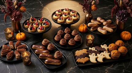 Fototapeta premium Halloween dessert table spread featuring cupcakes tarts cookies and eclairs