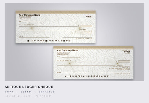 Antique sepia ledger cheque with vagues and golden spirals