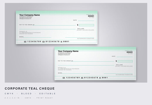 Clean modern business cheque in corporate teal