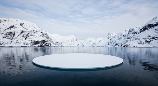 Circular white ice floe platform floating on calm dark water in a snowy mountainous landscape 3D render composition