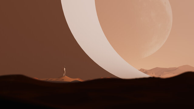 An astronaut stands in a vast desert on Mars
