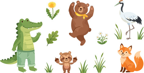 Naklejka premium Cute Cartoon Forest and Wetland Wild Animals Vector Character Set Featuring Alligator Bear Fox Crane and Raccoon for Kids Nursery Graphics