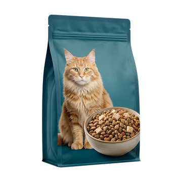 A bag of dry cat food with a fluffy ginger cat and a bowl of delicious pet kibble for nutrition and healthy meal time for domestic animals in a simple studio shot