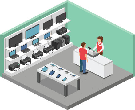 Isometric Electronics Shop Interior Vector Illustration with Seller and Customer at Checkout Counter and Digital Gadgets Displayed on Shelves and Table