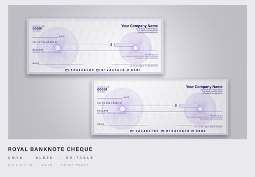 Banknote-style cheque, royal purple spirograph guilloche