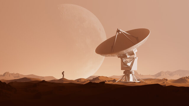 Satellite dish on the surface of Mars with astronaut in view