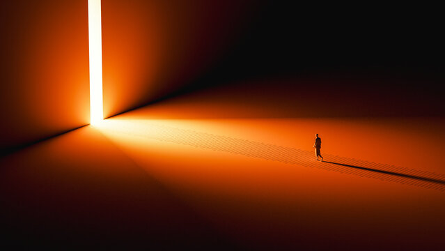 Human silhouette walks on binary data path at night