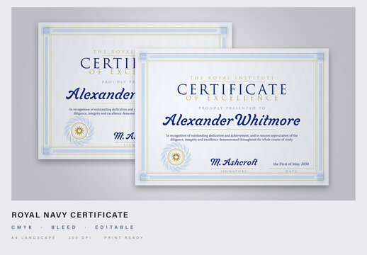 Navy and Gold Certificate Template with Compass Guilloche - A4 Landscape Award Diploma