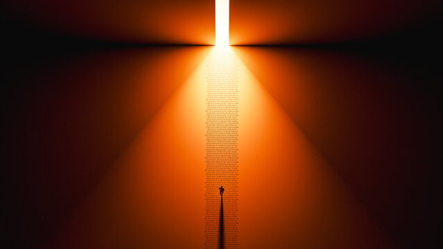 Human silhouette walks on binary data path at night