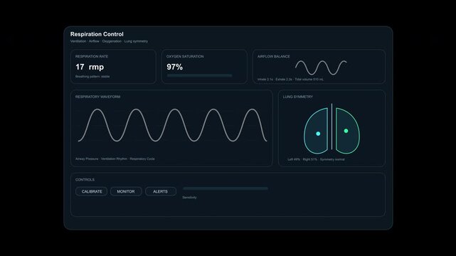Respiration Control medical dashboard HUD user interface with breathing waveform, oxygen saturation, lung monitoring, ventilation metrics and futuristic healthcare motion graphics
