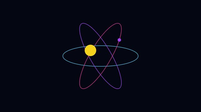 Minimalist atom model animation with orbiting electrons, science and technology concept motion 4k physics