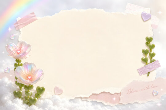 Landscape blank paper frame with pearl flowers, heart shaped leaves, rainbow and sparkling pastel background
