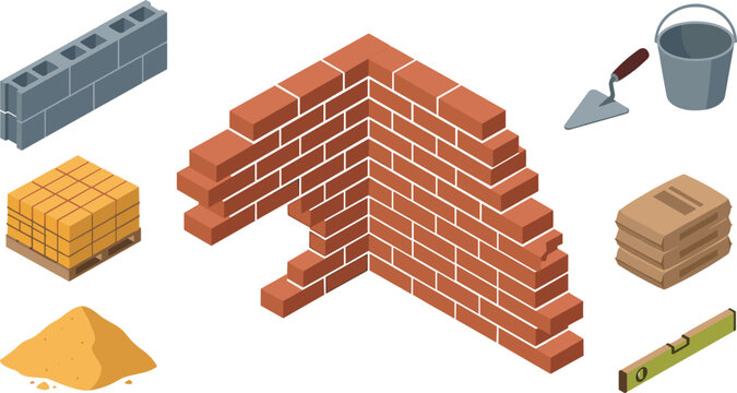 Isometric Brick Wall and Masonry Construction Vector Set with Concrete Blocks Trowel Cement Bags and Spirit Level for Building Site Designs