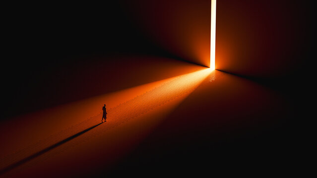 Human silhouette walks on binary data path at night