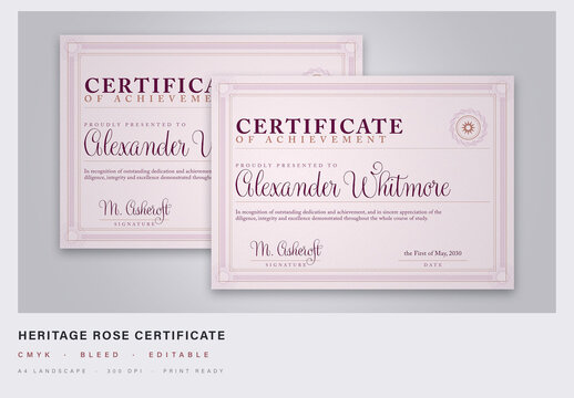 Rose and Copper Certificate Template with Barleycorn Guilloche - A4 Award Diploma