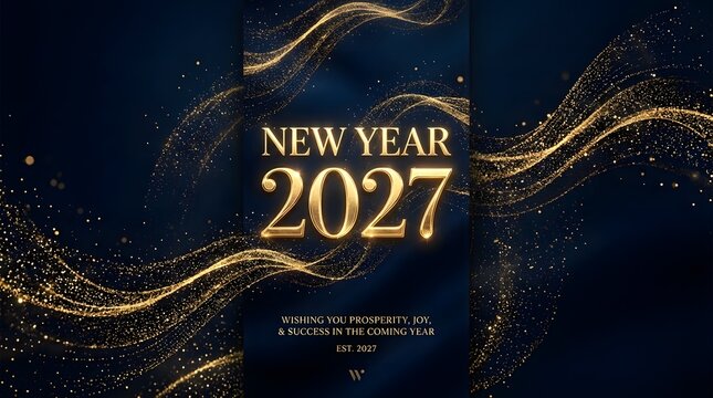 Elegant new year 2027 greeting card design with golden glowing light trails on a dark blue background