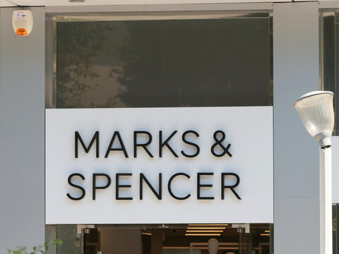 Greece, Rhodes, August 17. 2026, classic black and white Marks & Spencer corporate brand logo sign