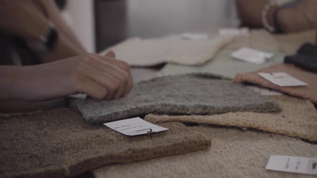 Two women examine an array of textured fabric samples, comparing rustic weaves and tags spread across a wooden table. Soft
