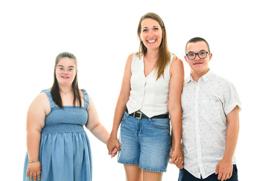 great family with Down syndrome with mother and two childs