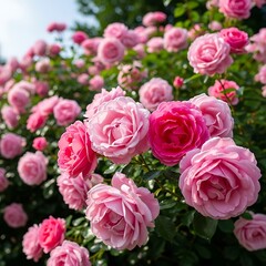 Fototapeta premium Vibrant Pink Roses Blooming on a Bush in a Garden, Close-up of Delicate Petals and Green Leaves