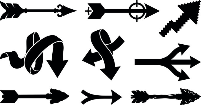 Collection of black silhouette arrow shapes and ornamental scrollwork against a white background