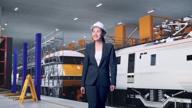 Front View of Asian Businesswoman Walking and Looking Around at Train Locomotives Maintenance Depot Scaffolding