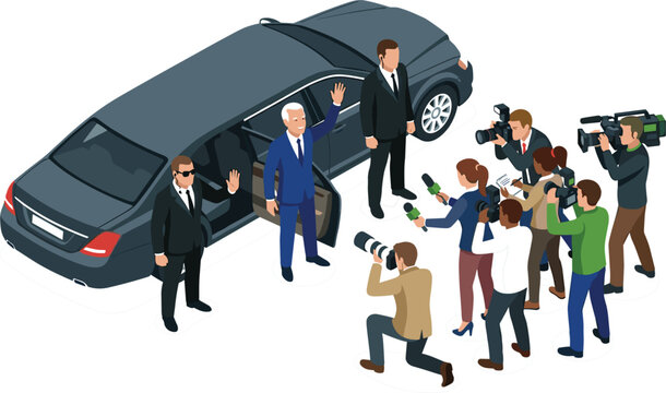 Isometric VIP Politician Arrival in Luxury Limousine Car with Bodyguards Press Journalists and Paparazzi Photographers Team Vector Illustration Design