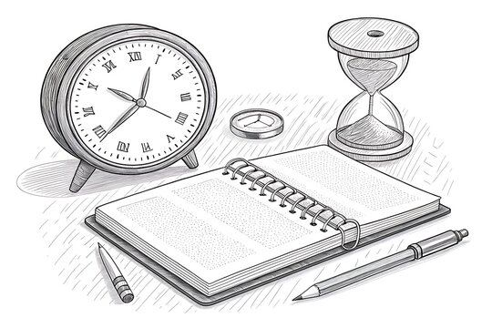 Vintage desk clock with hourglass and notebook stationery set