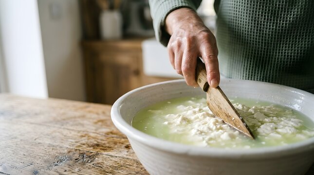 Cheesemaker hand cutting fresh milk curd with wooden knife in ceramic bowl to make homemade cheese