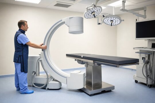 Radiologic technologist positioning C-arm in a modern operating room