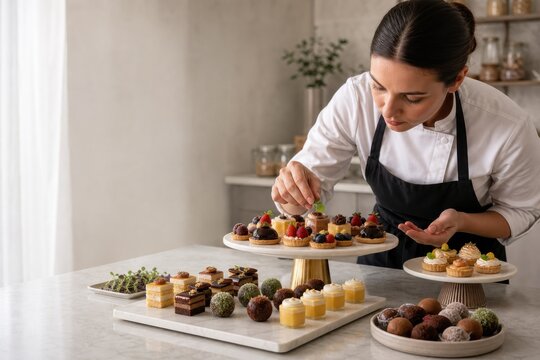 Pastry Chef Garnishing Gourmet Petit Fours and Mini Tarts