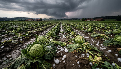 Fototapeta premium Severe hail damage seen in cabbage field during storm in agricultural area