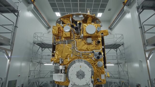 Satellite assembly and testing in aerospace clean room facility