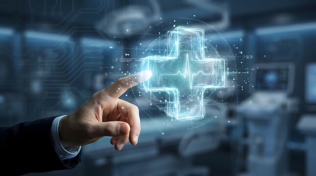 Digital healthcare innovation concept featuring hand touching glowing medical cross and heartbeat hologram
