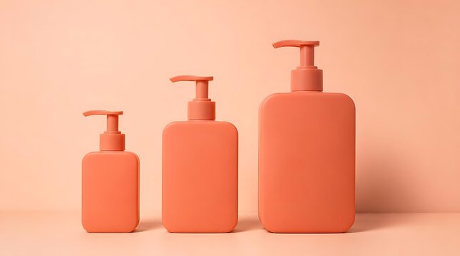 Three coral colored pump bottles of different sizes arranged in a row on a light background.